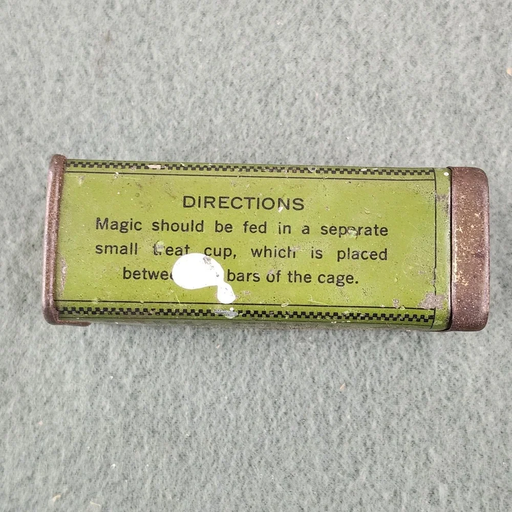 Vintage Bird Feed Tin Can MAGIC Song Restorer Food Seed Song Birds Green Tin